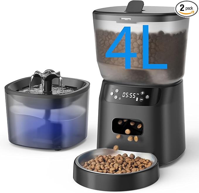Automatic Cat Feeder and Water Fountain, 4L/16 Cups Timed Cat Dry Food Dispenser, 10s Meal Call, 20 Portions 6 Meals Per Day, 2L Cats Fountains for Drinking with Filter, Pet Feeder for Dog