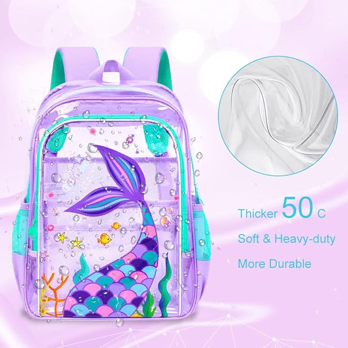 AGSDON 3PCS Mermaid Clear Backpack for Girls, 16" Transparent Bookbag Heavy Duty, Cute See Through Backpacks with Lunch Bag - Purple Mermaid