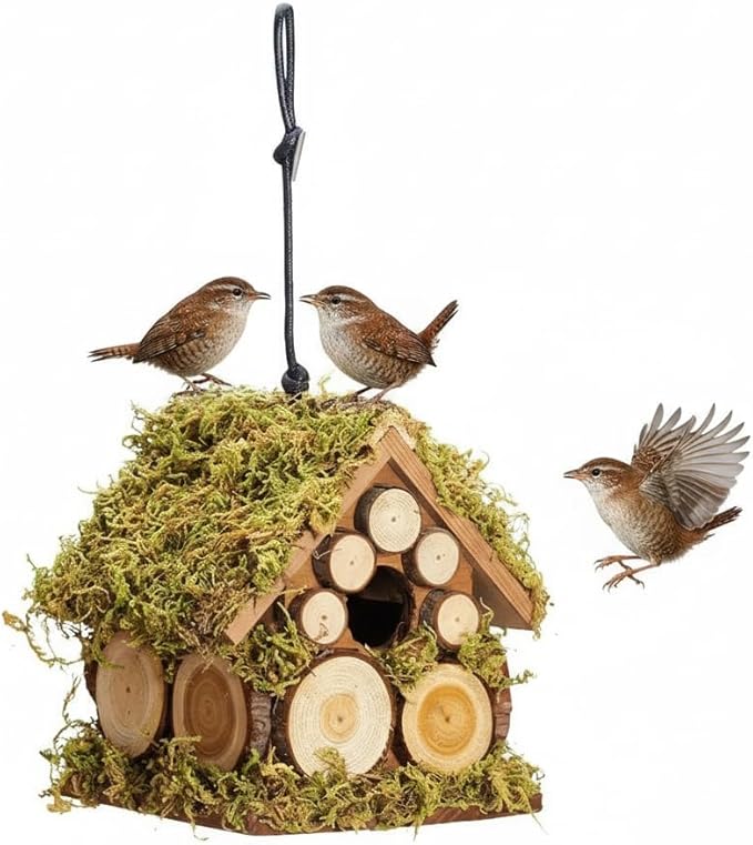 Bird House for Outside - Wren Bird House Nest Box for Outdoor - Moss Bird House with Cedar Rings- Gifts for Nature Lovers - Pole Mountable Rustic Style - 1-1/8" Entrance Hole Size