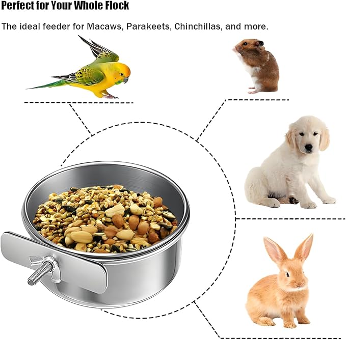 Parrot Feeding Cups Stainless Steel Bird Cage Feeder & Water Bowl - Chew-Proof Food Bowls with Clamp Holder for Parrot, Cockatiel, Conure, Budgie, Macaw, and Small Animals (S-1Pc)
