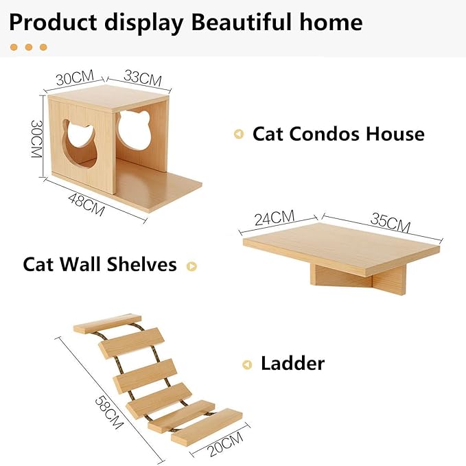 CanormpetCat Wall Shelves and Perches, Solid Wood Wall Mounted Cat Furniture with 4 Cat Condos House, 8 Shelves, 2Ladder, 3 Sisal Cat Scratching Post (C)