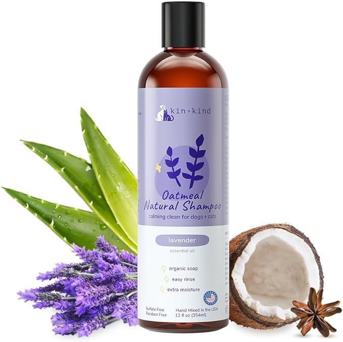 kin+kind Oatmeal Natural Dog and Cat Shampoo - Gentle Oatmeal Clean for Sensitive Skin - Lavender Fragrance - 12 fl oz