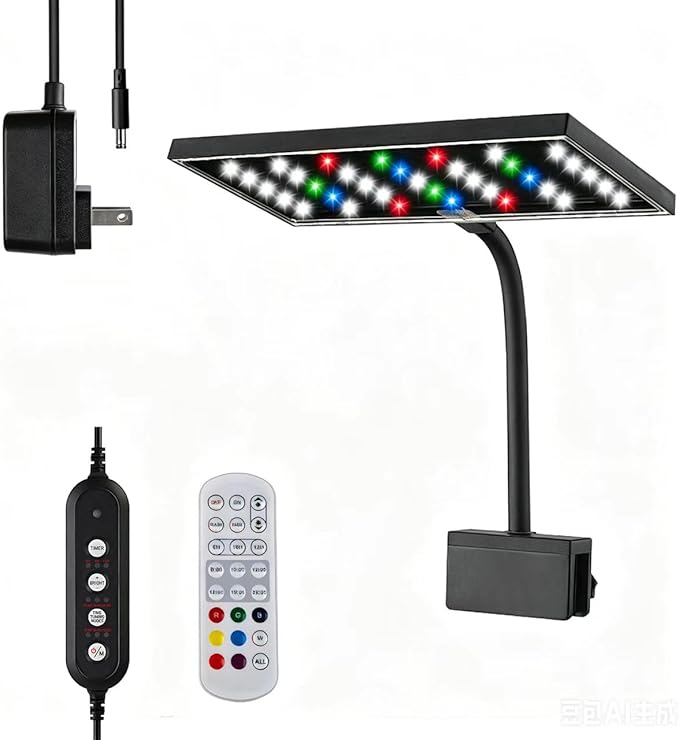 Carefree Fish Aquarium 24/7 Mode Timer Full Spectrum CRI 82 Clip LED Light IR Remote Control for 5~25Gal Fish Tank 12V1A 10 Brightness Levels 16W with ULCertified Power Supply