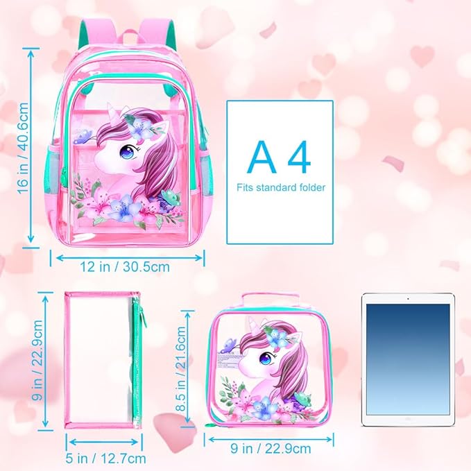 KLFVB 3PCS Clear Backpack for Girls and Boys, Kids See Through Backpacks Stadium Approved, Transparent Bookbag for Elementary