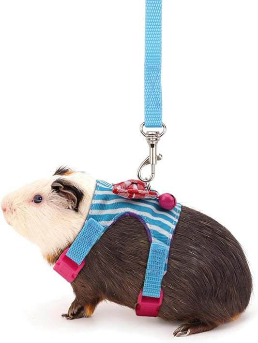 Hypeety Small Animal Harness Vest and Leash Set Soft Mesh Small Pet Harness Hamster Rabbit Chest Back Outdoor Leash Traction Rope for Rabbit Ferret Guinea Pig Kitten Clothes Accessory (S, Blue Stripe)
