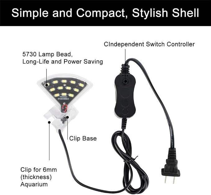 Aquarium LED Clip-On Light, White | Fan Shape, 600lm Ultra Bright, 5W, 110V 50-60HZ，12 LED, 5730 lamp Bead，Power Saving，Independent Switch Controller，ABS