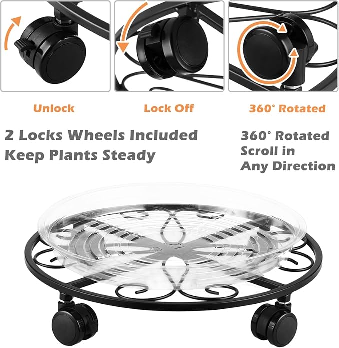 5 Pack Plant Caddy with Wheels Heavy Duty 12 Inches Metal Plant Stand on Wheels Plant dolly Rolling Plant Stand Plant Roller with Casters for Indoor and Outdoor with 5 Pack Plant Saucers, Black