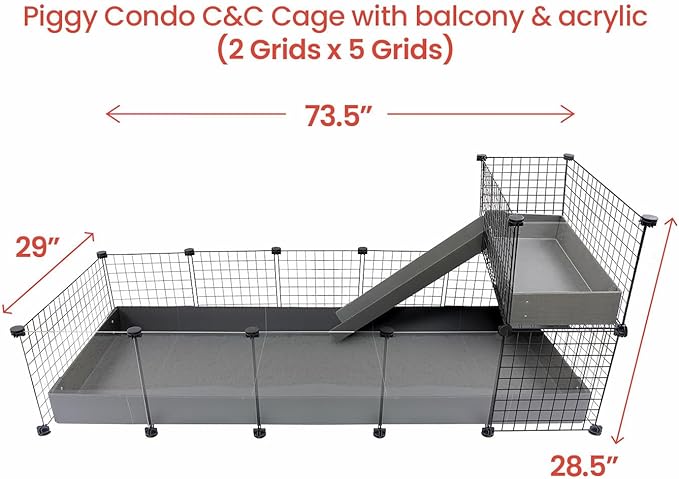 GuineaDad Piggy Condo – Premium C&C Cage with Balcony & Ramp for Guinea Pigs & Small Animals with Coroplast Base | Acrylic and C&C Grids for Small Pets (Acrylic, XL (29" x 73.5" x 28.5"))