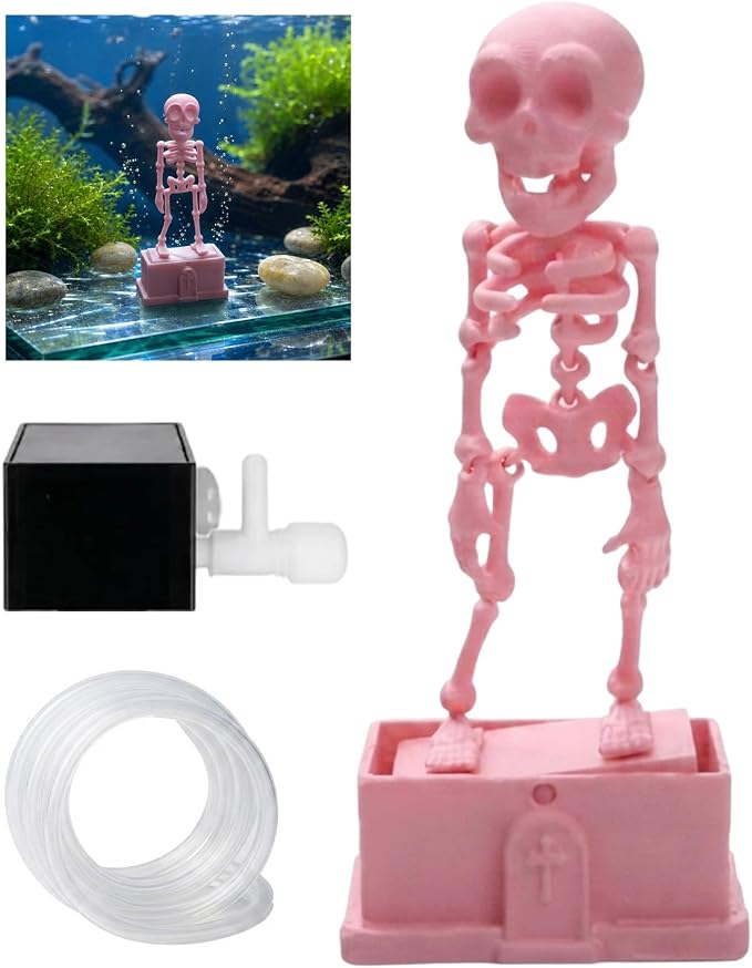 Dancing Skeleton Aquarium Bubbler, Halloween Fish Tank Decor(Pink) | Adjustable airflow with 1m hose & valve. Safe resin, for freshwater/saltwater tanks. Air pump not included.