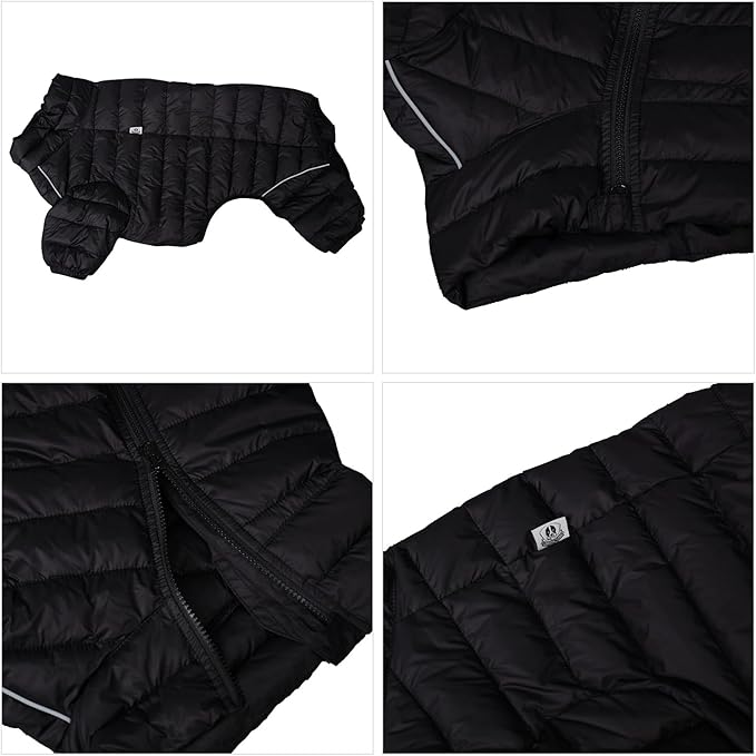 Warm Dog Coat, 4 Legs Covered Waterproof Windproof Reflective Vest, Zippered Adjustable Outdoor Snow Jacket for Small Medium Large Dogs, Black S