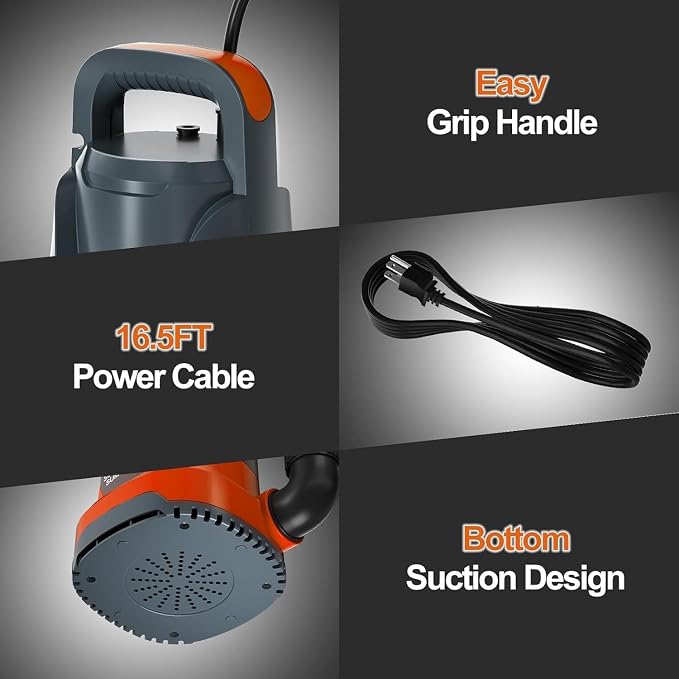 Sump Pump 1HP Submersible Water Pump 3700GPH Electric Portable Transfer Water Pump for Pool Draining Basement, Light Orange