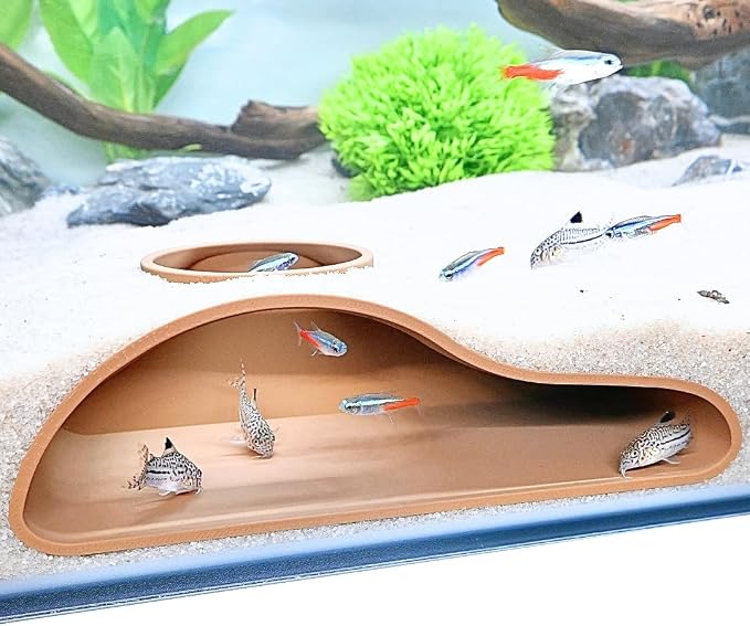 Aquarium Underground Tunnel Cave Natural Curve | Viewing Fish & Shrimp Under Gravel Tunnel | Fish Tank Decor Decoration Hideout Perfect for Corydora Catfish, Kuhli Loach, Pleco (Brown)