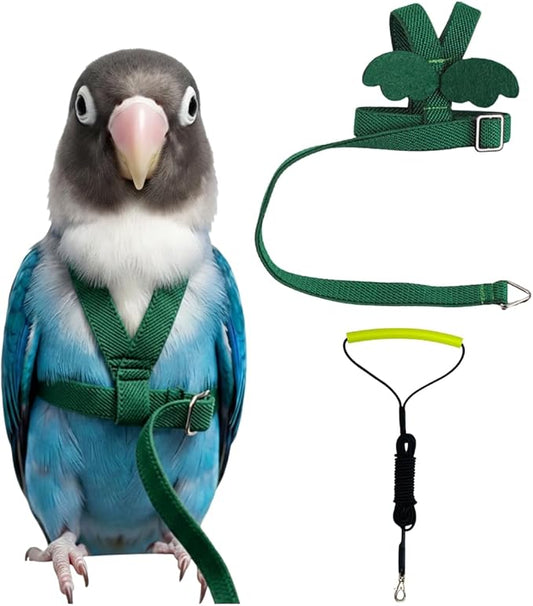 Adjustable Bird Harness with Elastic Leash, Pet Parrot Harness and Leash, Adjustable Training Design Anti-Bite, Bird Nylon Rope with Cute Wing for Conure (Deep Green,S)