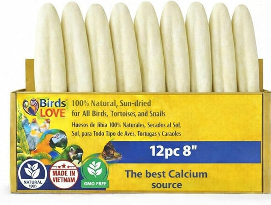 Birds LOVE 7.5-8" Cuttlebone for Birds – 100% Natural Sun-Dried Calcium Carbonate Mineral Supplement – for Parakeets, Budgies, Cockatiels, Finches & Canaries – 12 Pack with Holder – Made in Vietnam