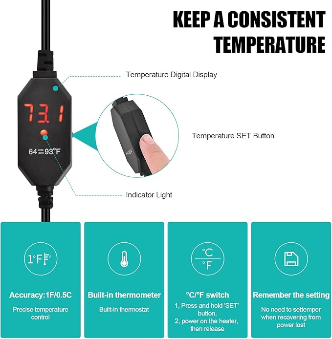 YOFOTHS Mini Aquarium Heater Alumina Ceramic, 15W Digital Display Thermostat, Compact Thumb-Size Fish Tank Heater with Temperature Control for 1-3 Gallon Betta Tanks (15W)