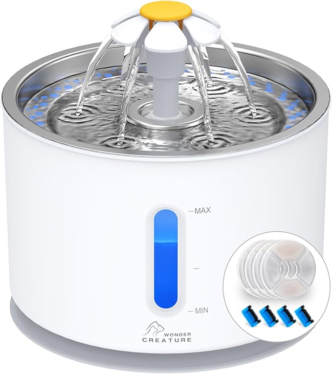 Wonder Creature Cat Water Fountain with Stainless Steel Lid, 2.4L/81oz Automatic Cat Fountain with 4 Filters & 4 Sponges, LED Light and Water Level Window for Cats and Dogs