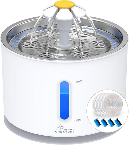 Wonder Creature Cat Water Fountain with Stainless Steel Lid, 2.4L/81oz Automatic Cat Fountain with 4 Filters & 4 Sponges, LED Light and Water Level Window for Cats and Dogs