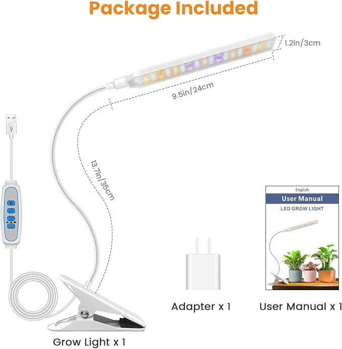 Kullsinss Clip-on Grow Lights for Indoor Plants, 57 LEDs 10W Plant Light | Full Spectrum Growing Lamp with Timer & Dimmable, White Gooseneck Plant Lamp for Succulents, Seed Starting, Easy to Use & Set