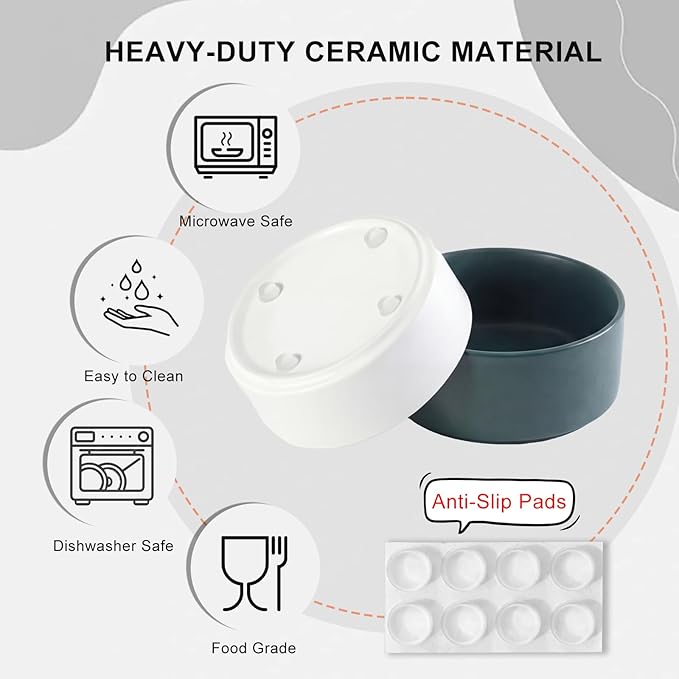 Ceramic Dog Bowl for Food and Water - Pet Feeder Bowl for Small Dogs and Cats - Heavy Ceramic Feeding Dish with Non Slip Base - Dishwasher & Microwave Safe - Set of 2 Bowls - 5Inch/1.4 Cups - Gray