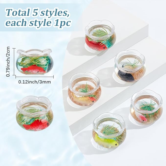 SUNNYCLUE 5Pcs 5 Styles Miniature Fish Tank Dollhouse Fish Bowl Plastic Simulated Round Goldfishes Grass Bowls Tanks Mini Display Decorations Accessories for Desktops Garden Scene Decors DIY Crafts