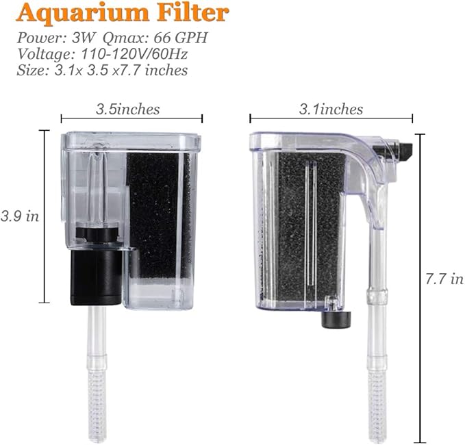 PULACO Ultra Quiet Aquarium Hang on Filter (66GPH 3W), Small Fish Tank Filter for 1 to 5 Gallons Fish Tank