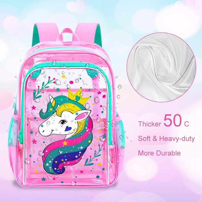 Clear Backpack for Girls and Boys, Kids Transparent Bookbag, 3PCS Cute See Through School Bag for Elementary Prechool