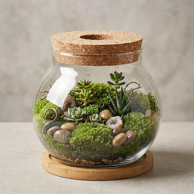 Homoyoyo Desktop Glass Fish Bowl with Wood Lid, Glass Plant Propagation Station Vase Betta Fish Tank, Small Round Hydroponic Terrarium Bottle for Water Plants Moss Desktop Decor Transparent 4. 3in