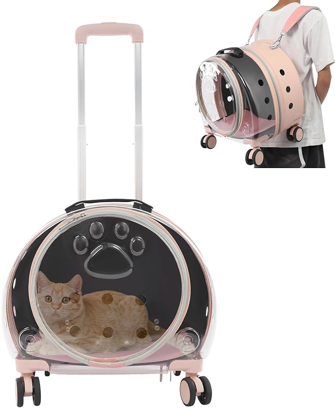 Cat Carrier with Wheels, Breathable Cat Rolling Carrier with Telescopic Handle, Bubble Cat Backpack Carrier, Pet Travel Bag for Small Dogs Pets, up to 19lbs, 15.7" x 10.6" x 17.7" (Pink)