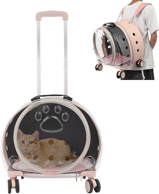 Cat Carrier with Wheels, Breathable Cat Rolling Carrier with Telescopic Handle, Bubble Cat Backpack Carrier, Pet Travel Bag for Small Dogs Pets, up to 19lbs, 15.7" x 10.6" x 17.7" (Pink)