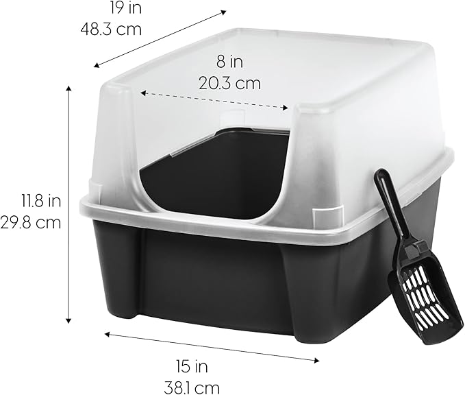 IRIS USA Cat Litter Box Large Open Top with High Sided Walls Tall Scatter Shield Scoop Included Easy Clean Plastic Pan Stain Resistant for Cats Kittens Indoor Multi-Cat Households 2-Pack Black