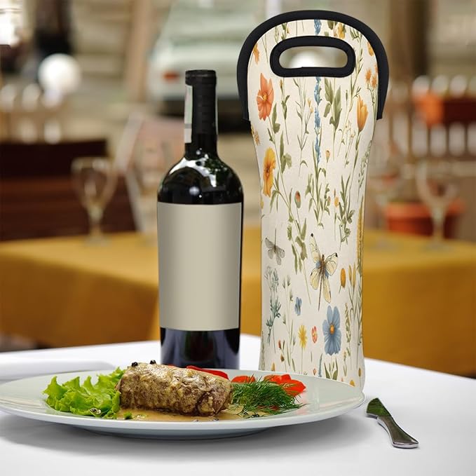 Dragonfly Wildflower Wine Bag Single Bottle Wine Tote Bag Neoprene Wine Carrier Bags with Carry Handle Portable Wine Bottle Holder for Travel Party Picnic