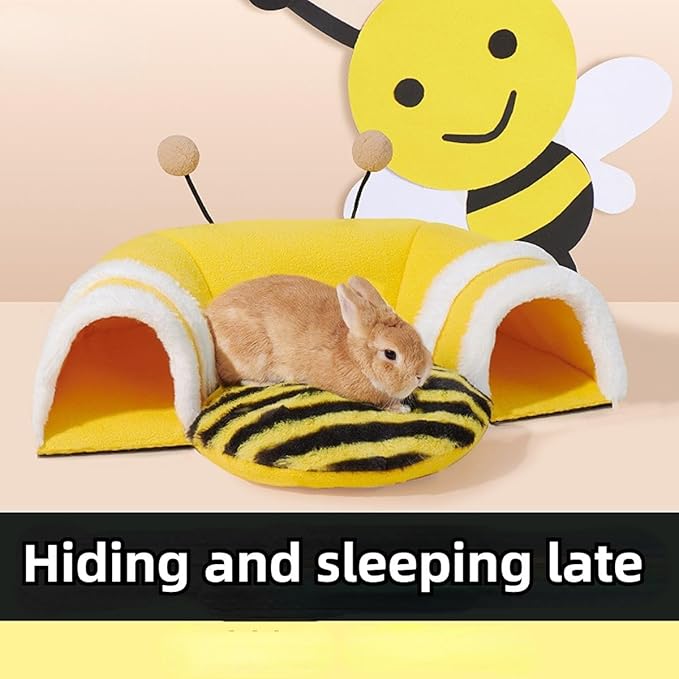 Warm Rabbit Hideout Tunnel Bed, Cute Bee Shape, Soft Removable Guinea Pig Tunnels and Tubes for Cage, Sturdy Small Animal Tunnel for Rat, Hamster Hedgehog, Chinchilla