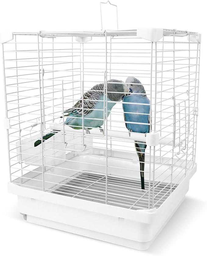 Small Bird Cage - 12x12x14.6 in Lightweight Travel Outdoor Birdcage for Parakeets, Budgies & Canaries and More Small Birds, Bird Carrier with Handle, Stand, Removable Tray, Portable for Hanging, White