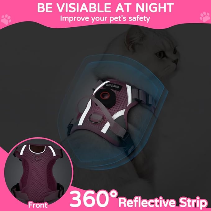 Cat Harness and Leash Set with Holder Compatible with AirTag, Upgraded Escape Proof Adjustable Vest Lead for Large Cat Small Dog Walking, Soft Breathable Mesh Jacket with Reflective Strips, Pink, L