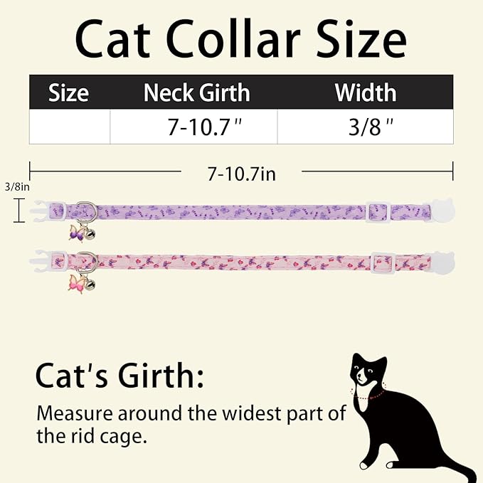 Cat Collars for Girl Cats & Boys, 2 Pack Soft Cotton Breakaway Collar with Removable Bell and Cute Charms, Adjustable Safety Pet Necklace, Butterfly