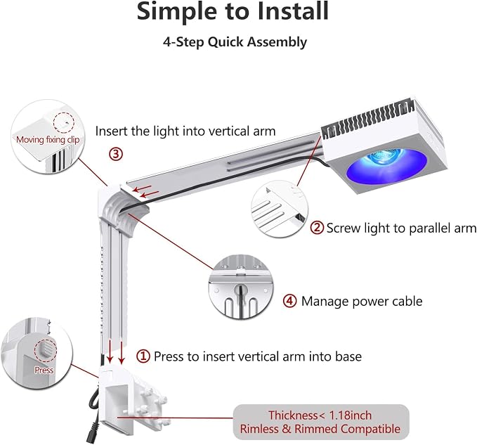 PopBIoom RL90 WiFi LED Aquarium Light, Reef Aquarium Lighting Full Spectrum for Marine SPS LPS Corals Saltwater Fish Tanks, APP Fully Programmable (RL90 with Arm Kit)