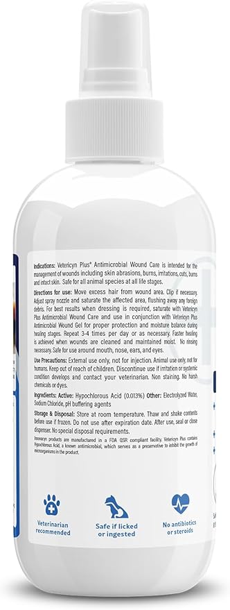 Vetericyn Plus Dog Wound Care Spray | Healing Aid and Skin Repair, Clean Wounds, Relieve Dog Skin Allergies, Safe for All Animals. 8 Ounces