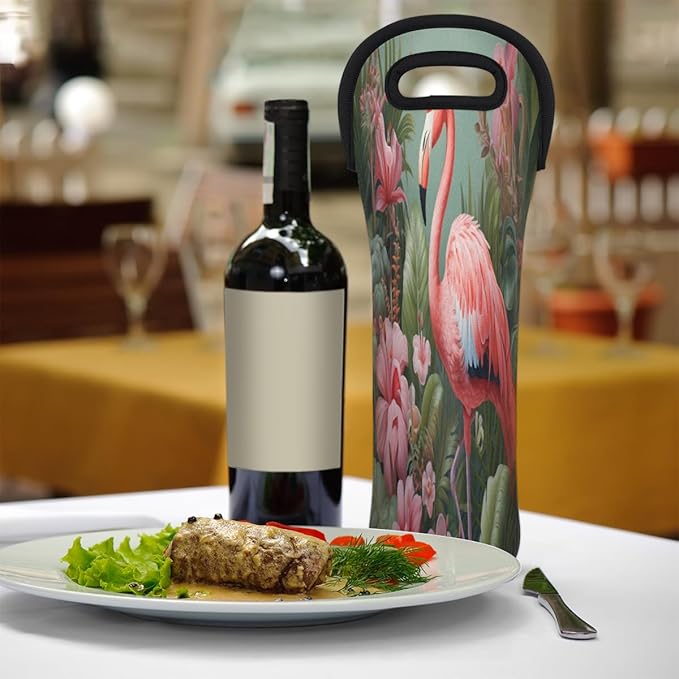 Flamingo Tropical Flowers Wine Bag Single Bottle Wine Tote Bag Neoprene Wine Carrier Bags with Carry Handle Portable Wine Bottle Holder for Travel Party Picnic