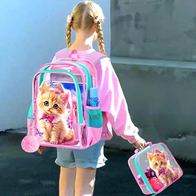 AGSDON 3PCS Clear Backpack for Girls,16" Transparent Bookbag Heavy Duty, Cute See Through Backpacks with Lunch Bag - Pink Cat
