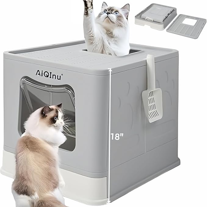 AiQInu Enclosed Cat Litter Box - Foldable Large Litter Box with Lid and Scoop High Sided Enclosure, Front Entry Top Exit, Odor Control, Anti Leakage No Smell, Easy Cleaning