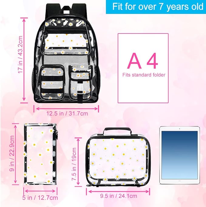 CCJPX 3Pcs Clear Backpack for Girls, School Transparent Bookbag, Heavy Duty See Through Backpacks for Teens Elementary