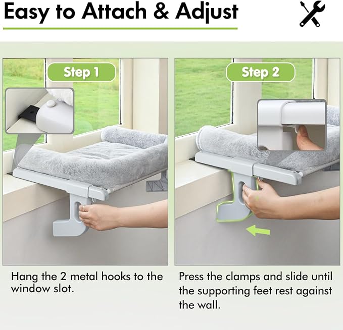 Zoratoo Cat Window Sill Perch with Large Bolster, Easy to Adjust & Assemble Cat Window Seat for Windowsill & Bedside, Pet Hammock Bed for Large Cats and Kittens (Grey, L)