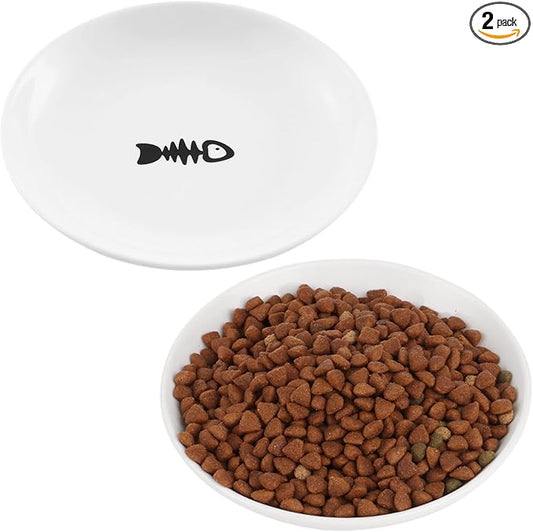 Cute Fish Bone Design Cat Bowls - Wide & Shallow Ceramic Feeding Dishes for Wet & Dry Food, Kittens to Cats