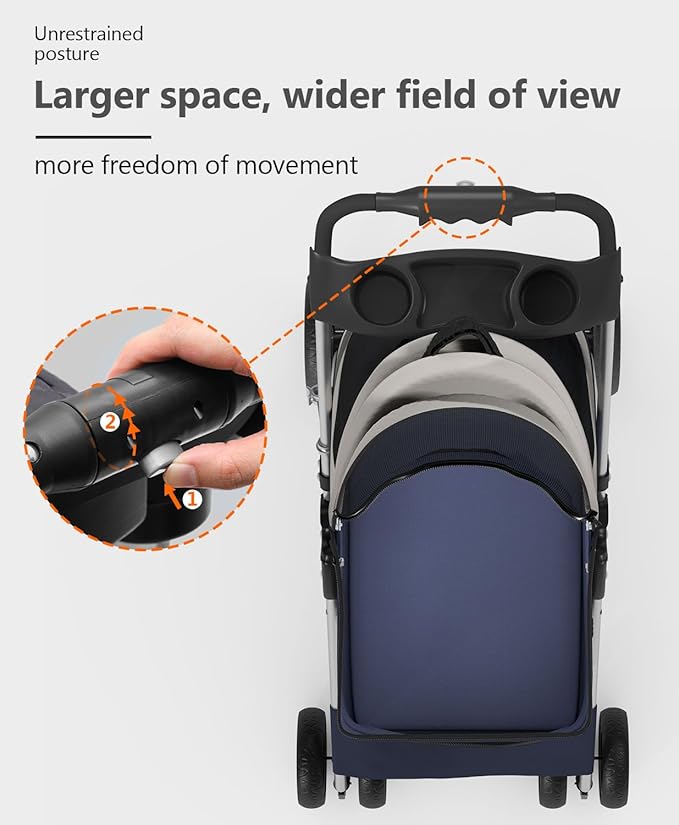 OS MOTOR Pet Stroller with 4 Wheels for Small/Medium Pets,Travel Foldable Detachable Carrier for Dog Cat Cage Jogger Stroller, Rear Wheel Breaks, Storage Basket, Visible Mesh Weather Cover (Navy Blue)