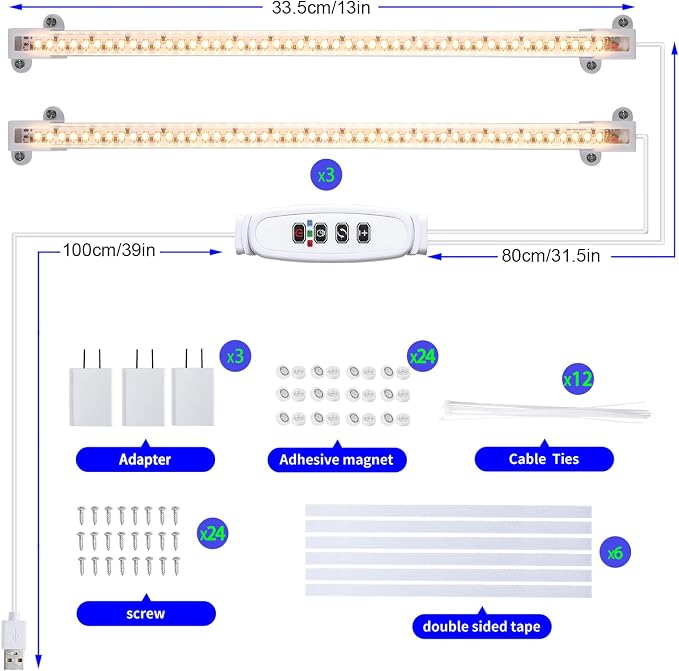 Hywyimlait 13 Inches Strip Growing Lamp for Indoor Plants, 3500K Full Spectrum LED Grow Light Strips with Auto ON/Off, 3/9/12H Timer & 10 Dimmable Levels for Green House Succulent (2 Head×3 Pack)