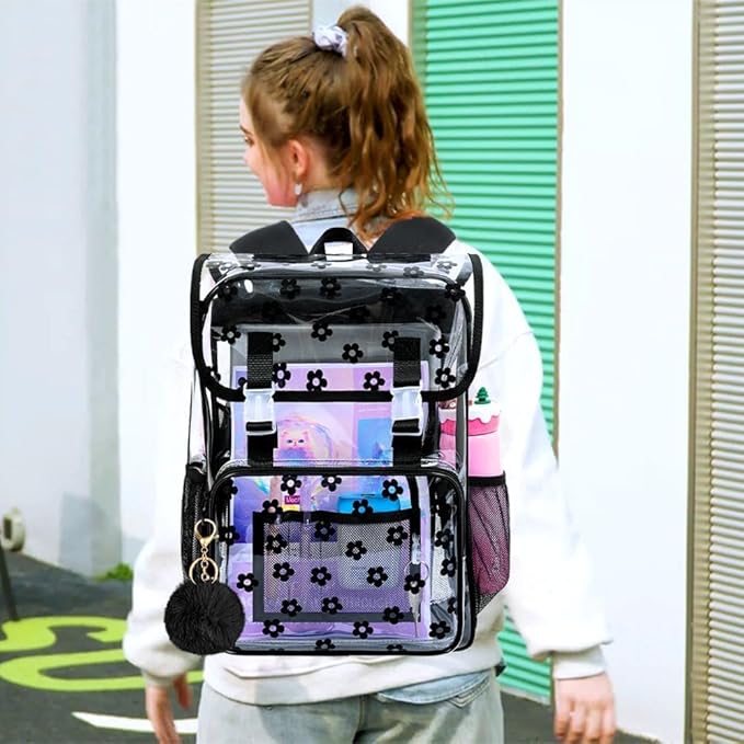 17" Plum Blossom Clear Backpack for Girls - 3Pcs Flip Design Stadium Approved Set, Campus/School Transparent Bookbag (Black)