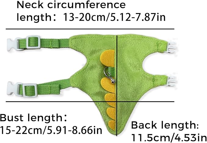 Harness and Leash Set for Small Pets, Dinosaur Shaped Vest Harness, Adjustable Soft Plush Vest with Bell for Guinea Pigs, Ferrets, Hamsters, Hedgehogs - Safe Outdoor Walking Adventure Gear,Green