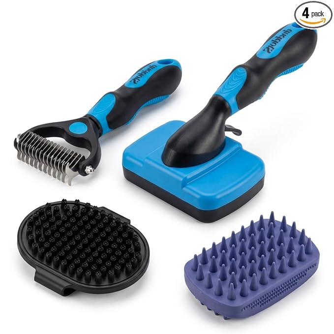PETIMP STORE 4PCS Self Cleaning Slicker Brush, Pet Grooming Rake, Bath Brush & Massage Brush for Short/Long Haired Dogs, Cats & Horses, Pet Grooming Deshedding Tools - Pet Supplies (Blue Black)