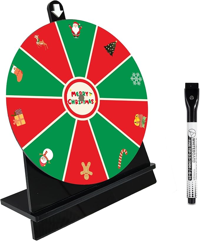 iobiotio Christmas Party Spinning Prize Wheel, 8 inch Game Spinner Wheel for Prizes with Stand, 10 Slots Color Small Tabletop Roulette Spinner, Easy Assembly and Erasable, Portable