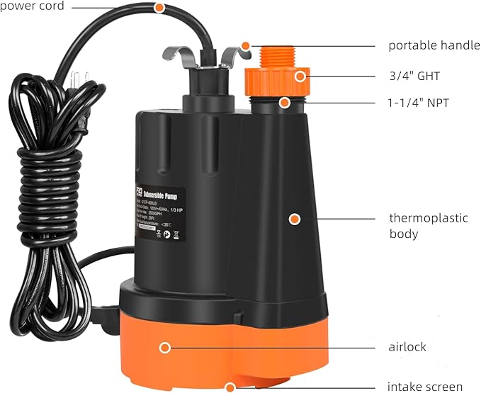 Submersible Water Pump, 1/3HP 2500GPH Utility Pump Portable Electric Clean Water Drainage Pump for Pool Draining, Flooding, Swimming Pool and Basement